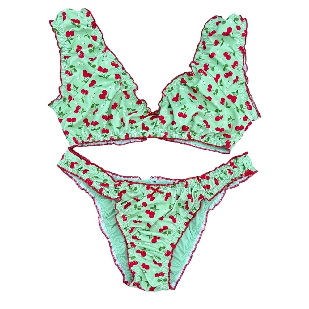 VS PINK x Frankies Bikinis Cherry Print Ruffle Bikini Set Mint Green XL NEW